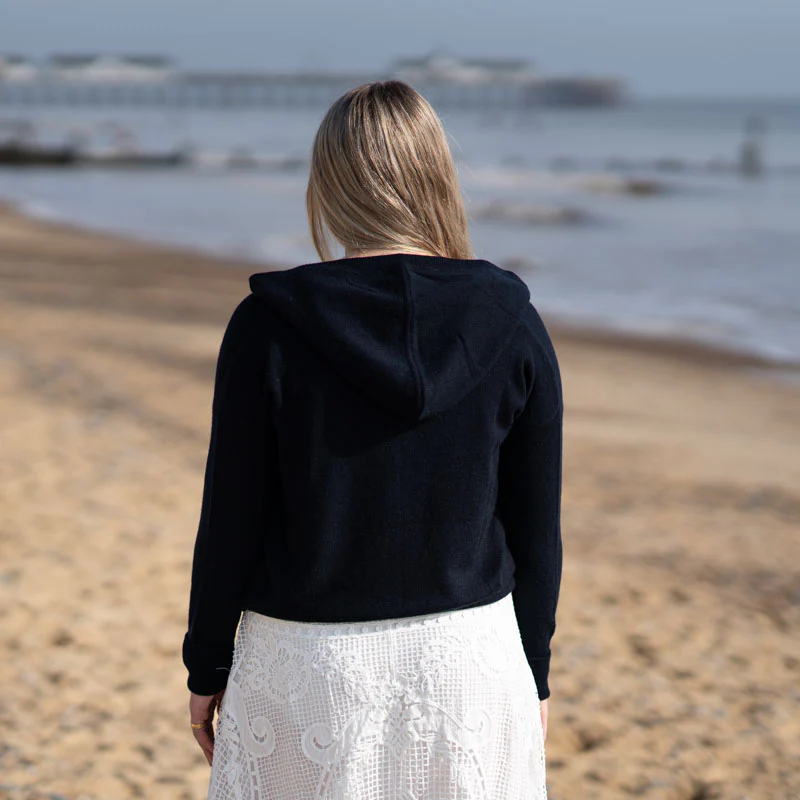 COLLEN & CLARE Fleur 100% Cashmere Hoodie in Navy Marl - Image 3